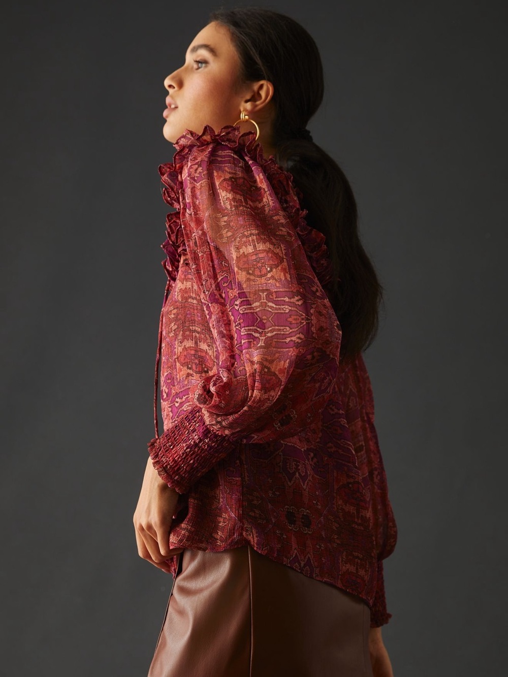 MISA Raffi Top Maroon Ruffle Large Anthropologie - Picture 6 of 13